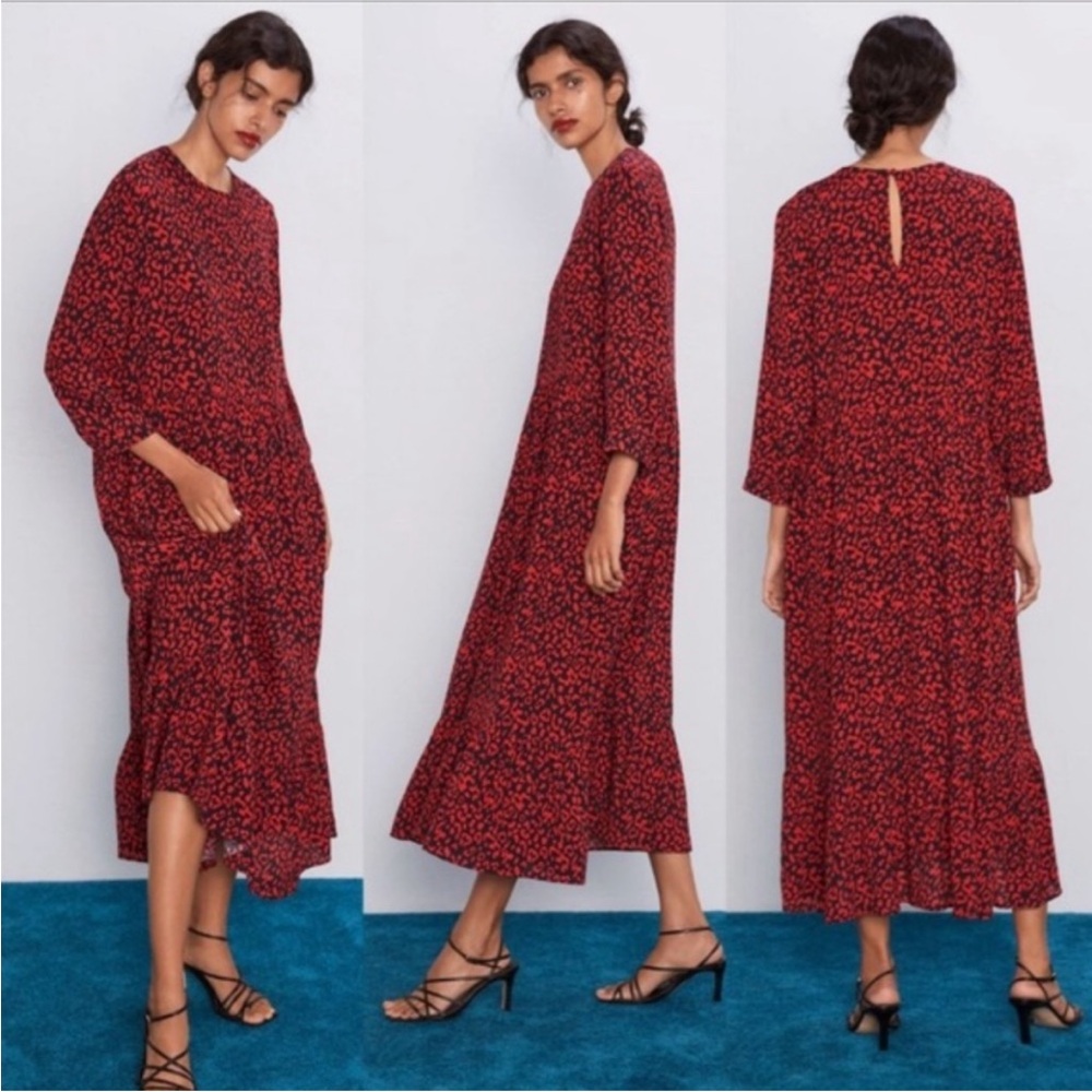 ZARA Print Dress Animal Print Red/Black M 3/4 Sleeves Midi